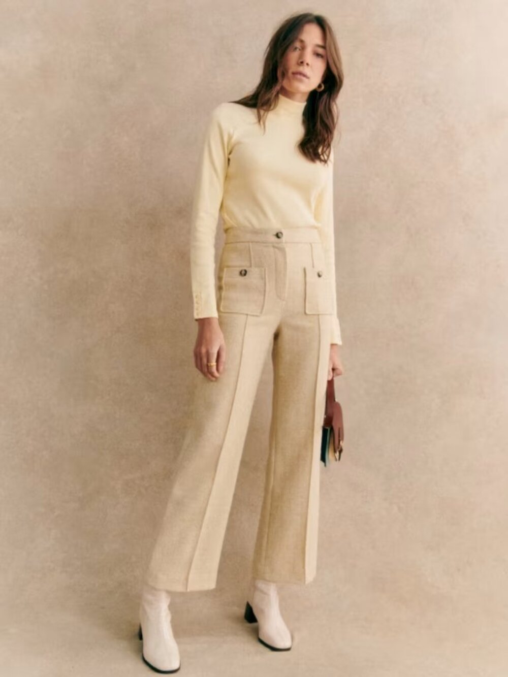 Sezane Emilio Trousers Pants High Rise Wide Leg Cropped Wool Ivory Size US 10